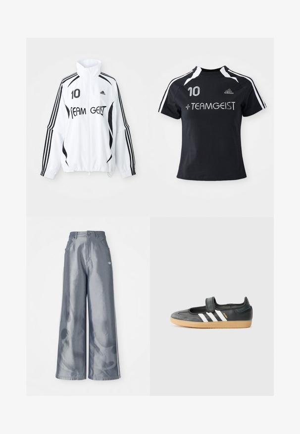 Veste blanche avec accents noirs, dotée d'un col haut, d'un zip à l'avant, du logo Adidas, d'un grand imprimé "10" et du texte "TEAM GEIST". три строчки.; Maillot noir à manches courtes avec des rayures blanches, arborant le numéro "10" et " + TEAMGEIST" brodés sur le devant. Fabriqué à partir d'un matériau doux et respirant.; Pantalons à jambes larges en matériau gris brillant, présentant des bandes latérales blanches et un motif de flammes sur les jambes inférieures. Fermeture à bouton et à zip à la taille.; Sneaker en cuir noir et suède avec une sangle Velcro, arborant trois bandes blanches et une semelle en caoutchouc, étiqueté "SAMBA" sur le côté.