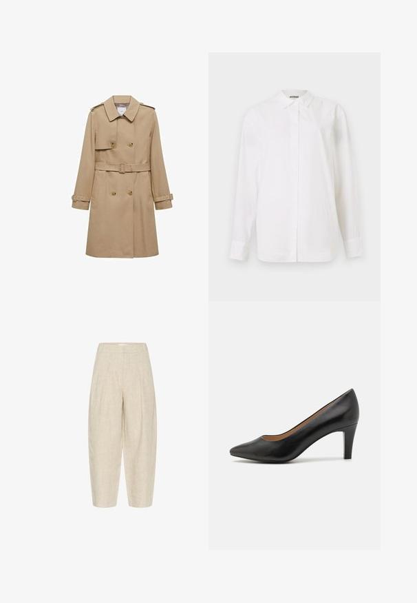 Manteau beige à double boutonnage, avec une taille ceinturée et des épaulettes. Dispose de manches longues et de poches latérales.; Chemise blanche à manches longues en tissu lisse. Dotée d'un col classique, d'une coupe droite et sans motifs ni embellissements visibles.; Pantalons en lin beige à coupe ample, dotés de plis à la taille, d'une longueur cropped et d'un tissu texturé tissé.; Pompe à talon haut en cuir noir avec un bout pointu, un design épuré, un talon modéré et une texture lisse. L'intérieur est doté d'un revêtement marron.