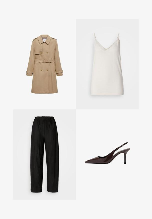 Manteau beige à double boutonnage, avec une taille ceinturée et des épaulettes. Dispose de manches longues et de poches latérales.; Camisole beige clair avec des bretelles spaghetti ajustables, un décolleté en V et des détails à bords festonnés. Fabriqué en tissu doux avec une texture lisse.; Pantalons larges plissés noirs avec une taille élastique. Le tissu présente des plis verticaux et une texture lisse.; Talons slingbacks en cuir verni marron avec un bout pointu, un talon fin et une bride réglable. Texture lisse et finition brillante.