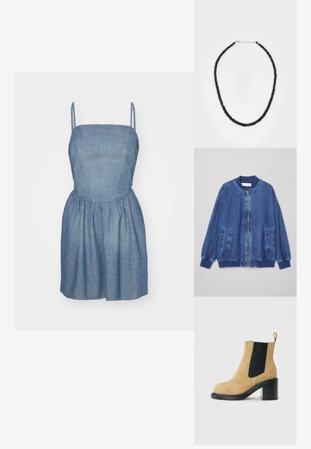 Veste bomber en denim bleu foncé avec fermeture éclair sur le devant, poignets côtelés, deux poches latérales et une texture lisse avec des coutures contrastées.; RE/DONE GATHERED DRESS - Robe en jean - paradise cove; Bottine en suède beige avec un panneau latéral élastique noir, bout rond et talon épais noir, dotée d'une tirette à l'arrière.; Fil de perles sombres avec des éclats irisés, rondes et en forme de disque, reliées par un fermoir en chaîne dorée sur un fond blanc uni.