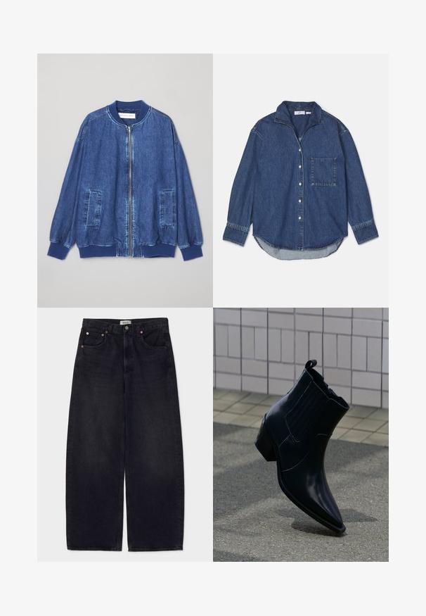 Donkerblauwe denim bomberjack met een ritssluiting aan de voorkant, geribbelde manchetten, twee zijzakken en een gladde textuur met contrasterende stiksels.; Donkerblauwe denimshirt met een kraag, knoopsluitingen, één borstzak en lange mouwen met een afgeronde zoom. Zachte textuur.; Wijduitlopende zwarte spijkerbroek van denim met koperen knopen, twee voorke pockets en een gladde textuur. Eenvoudig ontwerp met een rechte snit.; Glanzende zwarte leren enkellaars met blokhak, elastische zijpanelen en treklipje, rechtopstaand op een gestructureerd trottoir bij een betegelde muur.