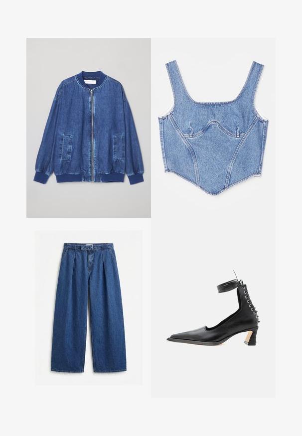 Donkerblauwe denim bomberjack met een ritssluiting aan de voorkant, geribbelde manchetten, twee zijzakken en een gladde textuur met contrasterende stiksels.; Jeanscorsettop met brede bandjes, gestructureerde naden en een aansluitende pasvorm. Lichtblauwe kleur met subtiele vervaging en contrasterende stikdetails.; Blauwe denimbroek met hoge taille en wijde pijpen, met plooien aan de voorkant, riemlussen en bijpassende stoffen riem.; Zwarte leren schoen met lage hak en puntige neus, veters aan de achterkant en een enkelbandje, afgebeeld tegen een effen witte achtergrond.