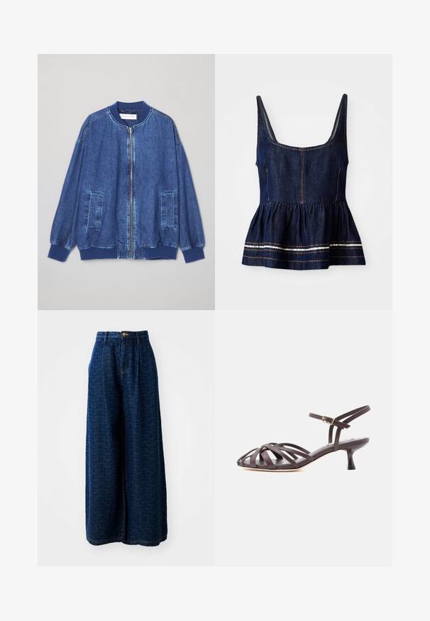 Chaqueta bomber de mezclilla en azul oscuro con cremallera frontal, puños acanalados, dos bolsillos laterales y una textura suave con costuras en contraste.; Top peplum de mezclilla en azul oscuro con escote cuadrado. Presenta un fondo fruncido con costuras de acento en blanco y detalles en hilo dorado.; Pantalones de mezclilla de pierna ancha en azul oscuro con un patrón texturizado. Presenta una cintura alta, cierre de botón y un corte suelto y fluido.; Sandalia de tacón bajo tipo gatito de cuero marrón oscuro con tiras y hebilla ajustable en el tobillo, sobre fondo blanco.