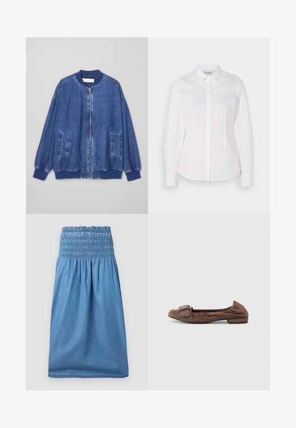 Donkerblauwe denim bomberjack met een ritssluiting aan de voorkant, geribbelde manchetten, twee zijzakken en een gladde textuur met contrasterende stiksels.; Witte button-down shirt van soepel katoen met een klassieke kraag, lange mouwen en een subtiel logo op de borst. Voorzien van een knoopsluiting aan de voorkant.; Lichtblauwe denimrok met een gerimpelde, elastische tailleband en een licht geplooide A-lijn silhouet, plat uitgestald op een grijze achtergrond.; Bruine suède ballerina met een kleine gesp, ronde neus en lage hak; heeft een zachte textuur en minimale stikdetails.