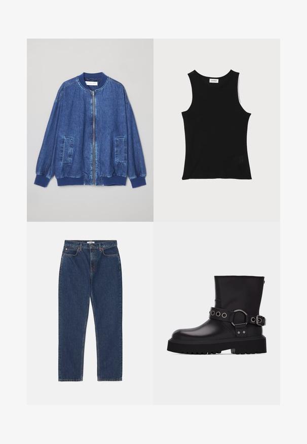 Chaqueta bomber de mezclilla en azul oscuro con cremallera frontal, puños acanalados, dos bolsillos laterales y una textura suave con costuras en contraste.; Top de tirantes negro acanalado con escote redondo y tirantes anchos, que presenta un acabado texturizado sutil y un pequeño detalle de malla en el dobladillo.; RE/DONE LOOSE LONG - Vaqueros rectos - dark blue denim; Bota negra de cuero hasta la mitad de la pantorrilla con suela gruesa de tacos, correa decorativa con ojales y hebilla de metal plateado en el lateral.