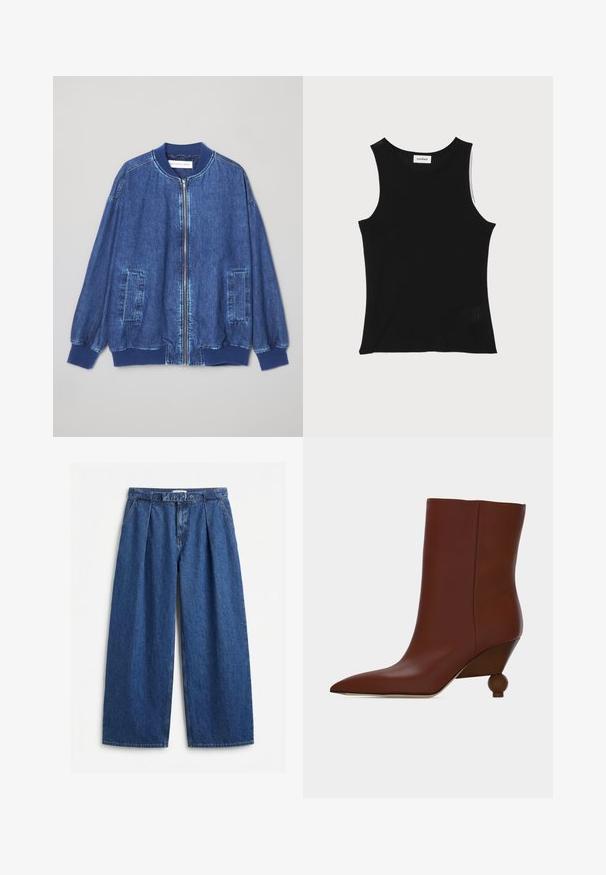 Chaqueta bomber de mezclilla en azul oscuro con cremallera frontal, puños acanalados, dos bolsillos laterales y una textura suave con costuras en contraste.; Top de tirantes negro acanalado con escote redondo y tirantes anchos, que presenta un acabado texturizado sutil y un pequeño detalle de malla en el dobladillo.; Pantalones de mezclilla azules de corte ancho y cintura alta, con pliegues delanteros, trabillas y cinturón de tela a juego.; Bota de cuero marrón hasta el tobillo con puntera afilada y tacón de madera redondeado único sobre un fondo claro y liso.
