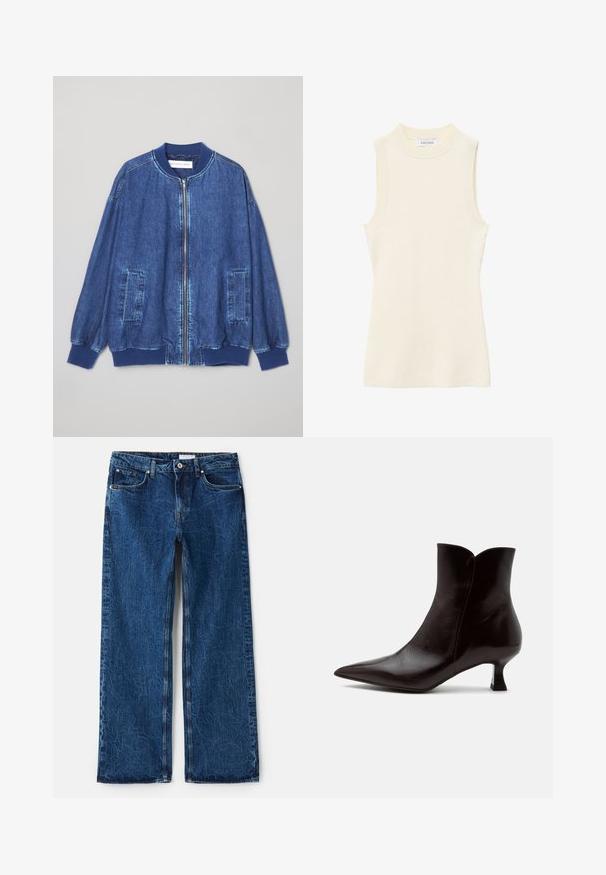 Donkerblauwe denim bomberjack met een ritssluiting aan de voorkant, geribbelde manchetten, twee zijzakken en een gladde textuur met contrasterende stiksels.; Mouwloze crèmekleurige geribbelde gebreide top met hoge ronde hals en aansluitende silhouet.; Wijde pijpen jeans in donkerblauwe denim met een gestructureerde afwerking, voorzien van vijf zakken, metalen klinknagels en een knoopsluiting.; Zwarte enkellaars met puntige neus, een kittenhak van middelhoogte en een glad leren afwerking op een witte achtergrond.