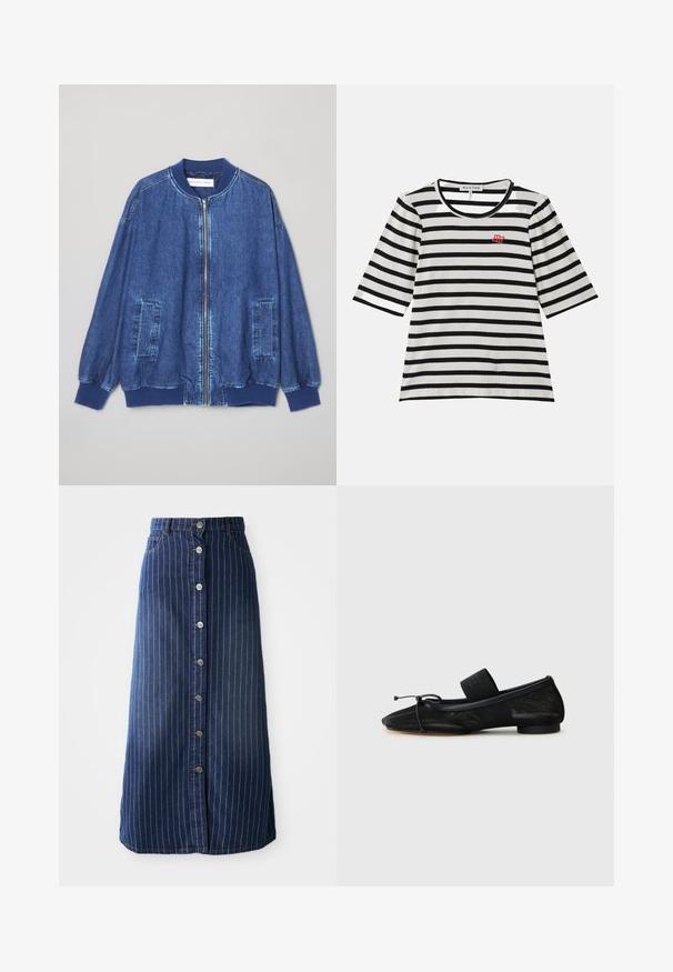 Donkerblauwe denim bomberjack met een ritssluiting aan de voorkant, geribbelde manchetten, twee zijzakken en een gladde textuur met contrasterende stiksels.; Gestreept T-shirt met korte mouwen, met zwart-witte ribbelstructuur, ronde halslijn en klein rood logo op de linkerborst.; Donkerdenim maxi rok met verticale witte strepen, knoopsluiting aan de voorkant en een lichte flare aan de zoom. Bevat vijf knopen en contrasterende stiksels.; Zwarte platte schoen met een spitse neus, gemaakt van gestructureerde stof, met een strikaccent en een kleine, ronde hak. Elastische strap bij de enkel.