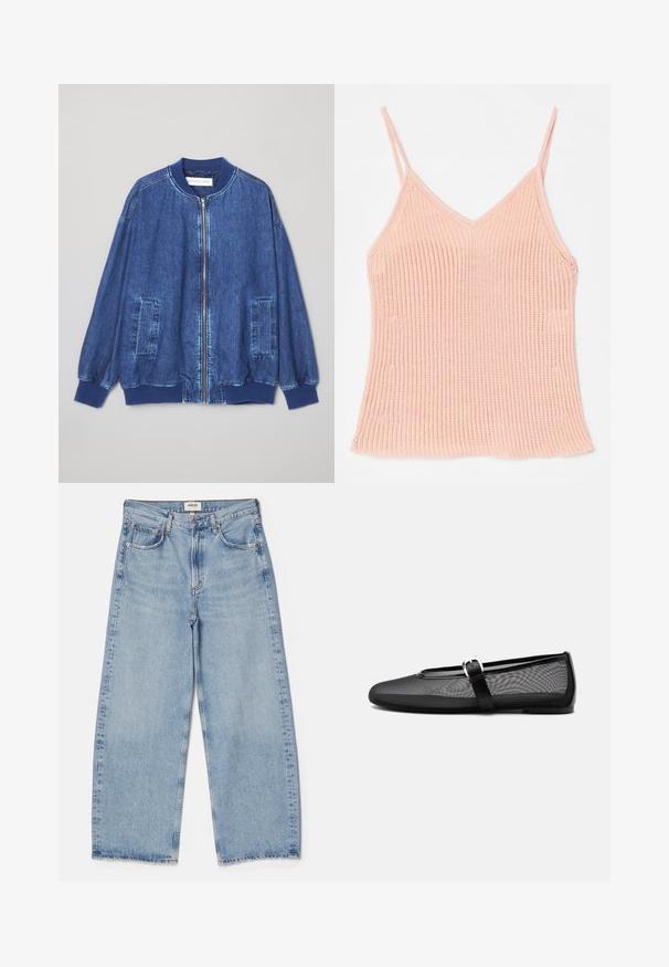 Donkerblauwe denim bomberjack met een ritssluiting aan de voorkant, geribbelde manchetten, twee zijzakken en een gladde textuur met contrasterende stiksels.; Perzikkleurige gebreide camisole, met dunne verstelbare bandjes, een V-hals ontwerp, geribbelde textuur en een rechte zoom.; Agolde Baggy jeans - light-blue denim; Zwarte mesh ballerina met ronde neus en verstelbare Mary Jane-band met een zilveren gesp, op een effen lichtgrijze achtergrond.