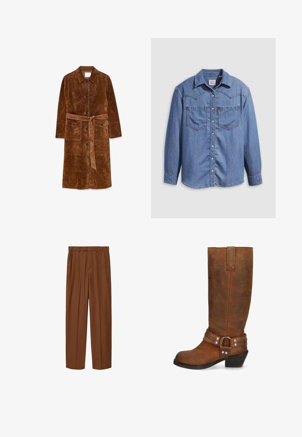 Bruine suède lange jas met kraag, knopen aan de voorkant, twee klepzakken aan de voorkant en een gestrikte tailleriem.; Lichtblauw denimshirt met een puntkraag, twee borstzakken en drukknopen. Voorzien van een westernstijl yoke-ontwerp.; Bruine, op maat gemaakte broek met zijzakken, lussen voor een riem en geplooide vouwen, plat uitgestald op een witte achtergrond.; Hoge bruine leren laars met een riempje en metalen ring rond de enkel, voorzien van een lage gestapelde hak en een trek lus aan de bovenkant.