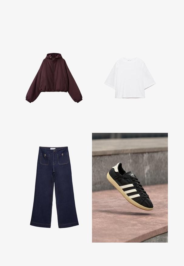Veste à capuche violette foncée avec manches longues, fermeture éclair frontale, poches latérales, poignets et ourlet élastiques.; T-shirt blanc à manches courtes, coupe carrée, en coton doux. Présente un col rond et des manches larges, avec un design épuré et simple.; Pantalon en jean large bleu foncé à taille haute, poches plaquées à l'avant fermées par des boutons en métal et détails de coutures visibles.; Baskets Adidas noires avec des bandes blanches et une semelle beige, capturées en plein air au-dessus d'une surface en pierre et d'un mur en pierre en arrière-plan.