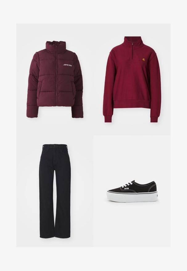 Chaqueta de plumas burdeos con cuello alto, cierre de cremallera y diseño de acolchado horizontal. Presenta el logo blanco "SANTA CRUZ" en el pecho.; Carhartt WIP AMERICAN HIGH NECK - Sudadera - malbec; Vaqueros amplios de talle alto en negro, con cierre frontal de botón y cremallera, trabillas para cinturón y dos bolsillos frontales, sobre un fondo blanco.; Zapatilla de lona negra con suela de plataforma de goma blanca, que presenta cordones y costuras blancas, con branding icónico en el lateral, diseño de corte bajo.