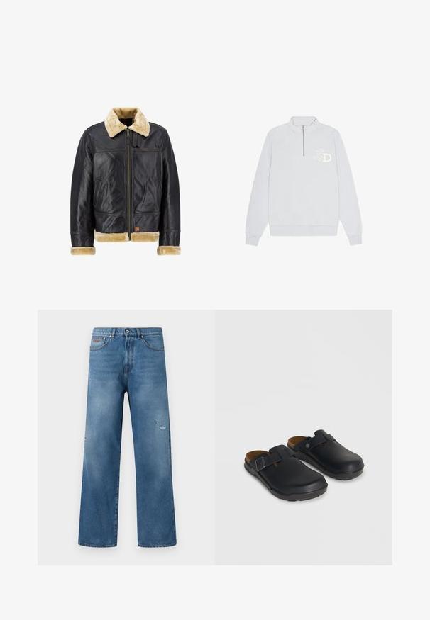 Sort læderjakke med en cremefarvet faux fur-krave og -manchetter. Har en lynlås foran og sidelommer, der fremhæver et klassisk design.; Lys grå zip-neck sweatshirt med ribbet manchetter og kant, med et broderet "L" og "D" logo på venstre bryst. Blød tekstur.; Blå denimjeans med lige ben, let slid på højre lår, fem-lomme stil og linning med knaplukning.; Sorte slip-on træsko med justerbare sidebøjler og formede korkfodsenge på en neutral baggrund.