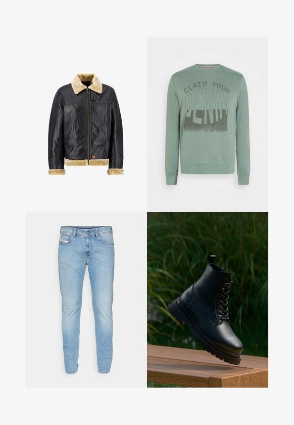 Sort læderjakke med en cremefarvet faux fur-krave og -manchetter. Har en lynlås foran og sidelommer, der fremhæver et klassisk design.; Grøn sweatshirt fremstillet af blødt stof, med rund hals og lange ærmer. Foran viser den et dristigt tekstureret print i mørkere grøn.; Lys blå denim jeans med slim fit, fem-lomme design, knaplukning og subtil falmning på stoffet for tekstur og dybde.; Sort læder ankelstøvle med rund tå, snørebånd fortil og en tyk, tandet sål. Har en trækflap ved kraven for nem påtagning.