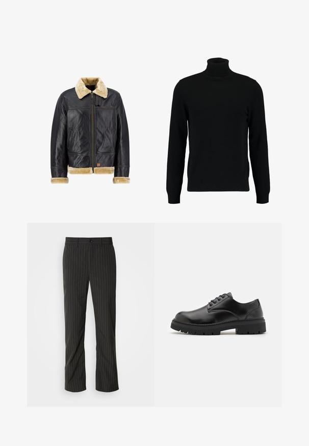 Chaqueta de cuero negro con un cuello y puños de piel sintética color crema. Cuenta con un cierre frontal y bolsillos laterales, mostrando un diseño clásico.; Jersey de cuello alto negro hecho de un material de punto suave. Cuenta con mangas largas, collar y dobladillo acanalados. Diseño simple y elegante sin patrones.; Pantalones de rayas negras con corte recto. Presentan una textura suave, cierre frontal con botón y pasadores para cinturón.; Zapatos de cuero negro con punta redondeada, diseño con cordones y una suela de goma gruesa y texturizada. Presentan costuras a lo largo del borde y un acabado suave.
