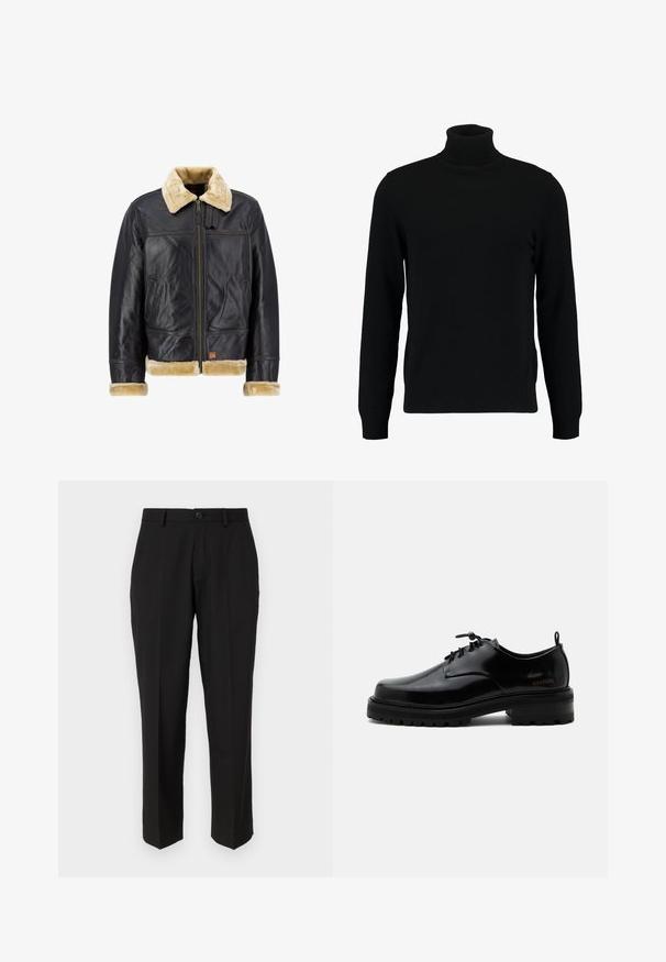 Sort læderjakke med en cremefarvet faux fur-krave og -manchetter. Har en lynlås foran og sidelommer, der fremhæver et klassisk design.; Sort turtleneck sweater lavet af et blødt strikmateriale. Har lange ærmer, ribbet krave og kant. Enkel, slank design uden mønstre.; Sorte bukser lavet af glat stof, med lige ben design, forlommer, en enkelt knaplukning, og uden synlige mønstre.; Sort poleret læder snørestøvle med tyk gummisål og lav hæl, sideskilt med mærketekst "SAMSOE" og bageste træksnor.