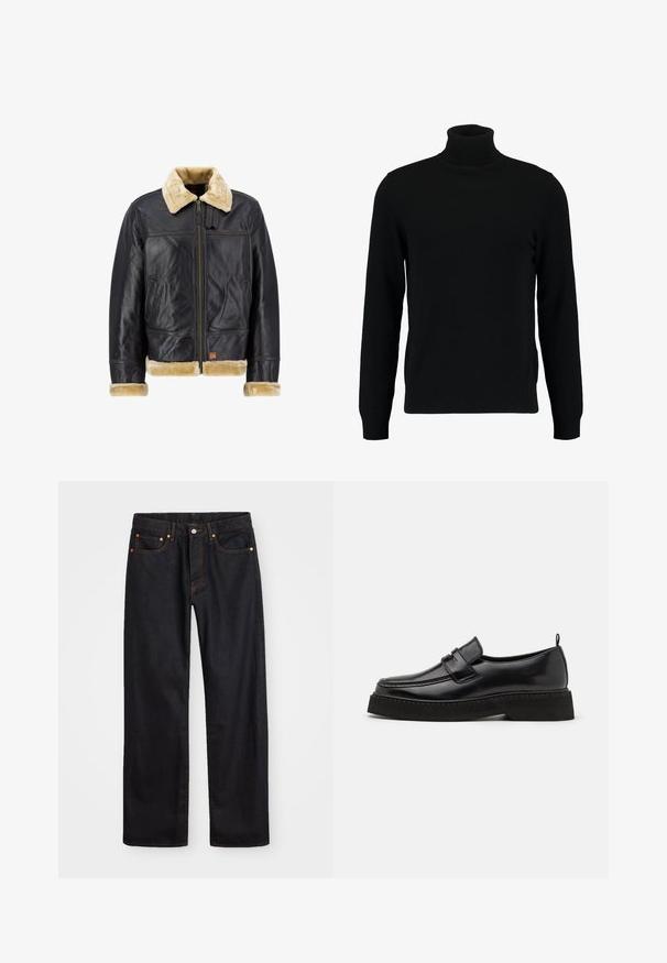 Chaqueta de cuero negro con un cuello y puños de piel sintética color crema. Cuenta con un cierre frontal y bolsillos laterales, mostrando un diseño clásico.; Jersey de cuello alto negro hecho de un material de punto suave. Cuenta con mangas largas, collar y dobladillo acanalados. Diseño simple y elegante sin patrones.; Jeans de mezclilla negros de pierna recta para hombre, con cinco bolsillos y costuras en color naranja, cierre de botón y cremallera en la parte delantera de la cintura.; Zapatos estilo mocasín de cuero negro con suela plana y texturizada, con puntera cosida y una correa a lo largo del empeine.