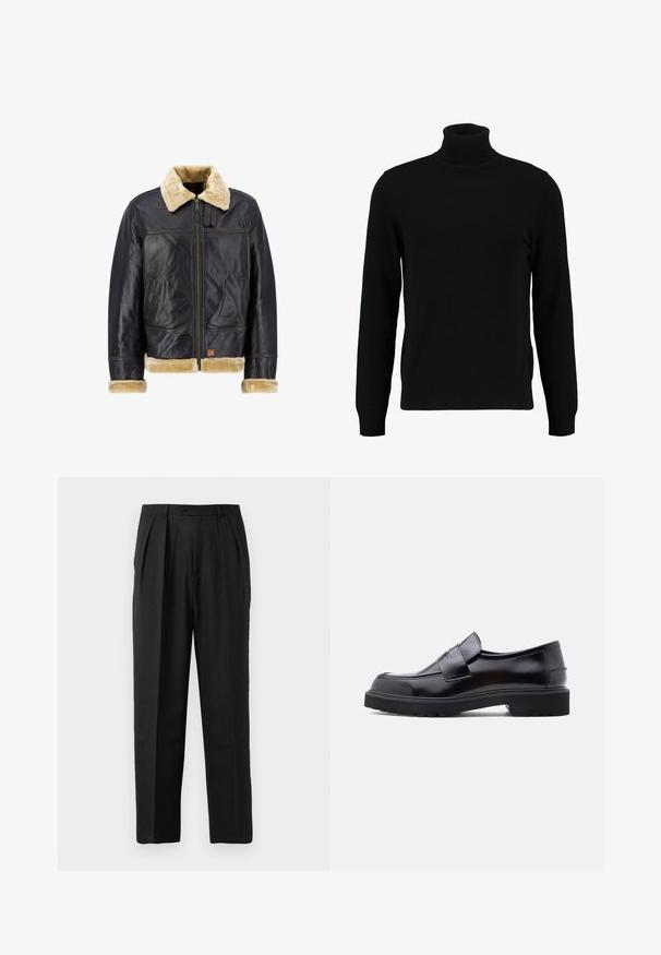 Chaqueta de cuero negro con un cuello y puños de piel sintética color crema. Cuenta con un cierre frontal y bolsillos laterales, mostrando un diseño clásico.; Jersey de cuello alto negro hecho de un material de punto suave. Cuenta con mangas largas, collar y dobladillo acanalados. Diseño simple y elegante sin patrones.; Pantalones plisados negros con un diseño a medida, elaborados en una tela suave, con cierre de botón y corte recto.; Zapato negro de piel sin cordones con un diseño elegante, punta redondeada y una suela de goma gruesa y texturizada. Cuenta con una correa decorativa en la parte frontal.