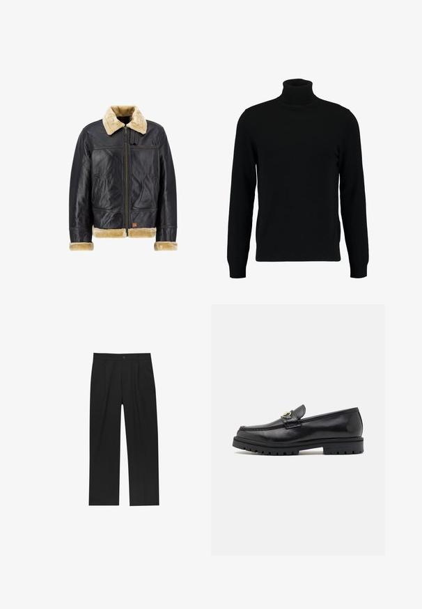 Sort læderjakke med en cremefarvet faux fur-krave og -manchetter. Har en lynlås foran og sidelommer, der fremhæver et klassisk design.; Sort turtleneck sweater lavet af et blødt strikmateriale. Har lange ærmer, ribbet krave og kant. Enkel, slank design uden mønstre.; Sorte bukser med lige ben, lavet af et glat stof. Har frontfolder og en enkelt knaplukning i taljen.; Sorte læder loafers med en glat finish, rund tå, en dekorativ rem med guldhardware og en robust sort sål.