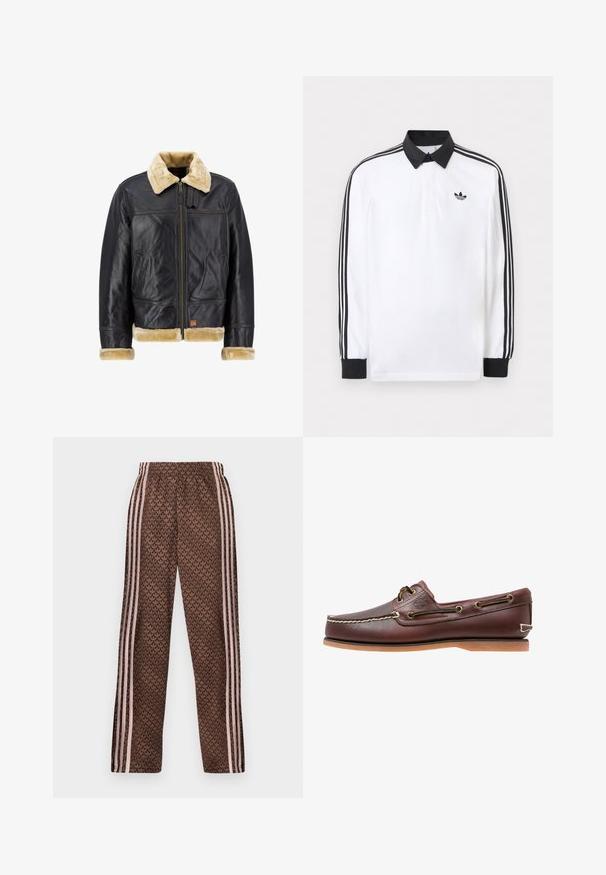 Chaqueta de cuero negro con un cuello y puños de piel sintética color crema. Cuenta con un cierre frontal y bolsillos laterales, mostrando un diseño clásico.; Polo blanco de manga larga con cuello negro, puños negros, diseño de tres rayas negras en las mangas y logo negro de Adidas en el pecho.; Pantalones de chándal marrones con rayas verticales en rosa claro en los laterales y patrón repetido de hojas por todo el tejido, cintura elástica y corte recto en las piernas.; Zapato náutico de cuero marrón con costuras blancas, detalles de cordones y suela de goma color coñac, mostrado de lado sobre un fondo blanco.