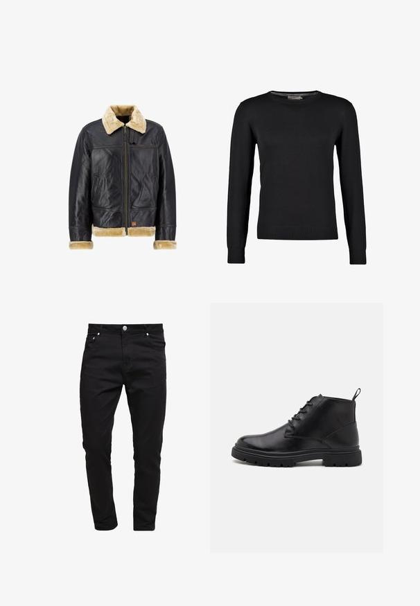 Sort læderjakke med en cremefarvet faux fur-krave og -manchetter. Har en lynlås foran og sidelommer, der fremhæver et klassisk design.; Sort strikket sweater med lange ærmer, rund halsudskæring samt ribbede manchetter og bund. Glat tekstur og tætsiddende design.; Sorte jeans lavet af denimstof, slim fit design, fem-lomme stil, metal knaplukning, med syninger og en glat tekstur.; Sorte læder ankelstøvler med snørebånd foran, tekstureret sål og træktabs. Rund tå og robust gummisål, der forbedrer trækkraften.