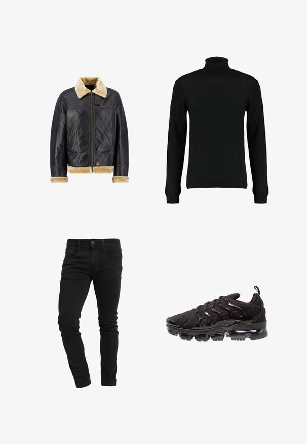 Sort læderjakke med en cremefarvet faux fur-krave og -manchetter. Har en lynlås foran og sidelommer, der fremhæver et klassisk design.; Sort turtleneck sweater i et glat strikket stof, med lange ærmer og en tætsiddende silhuet. Ribstrikkede manchetter og kant.; Slim-fit sorte jeans med frontlommer, bæltestropper, knaplukning og let folder langs benene.; Sorte atletiksko med et tekstureret stofoverdel, metalliske detaljer og en markant luftfyldt sål. Har distinkte bølge-lignende designelementer.