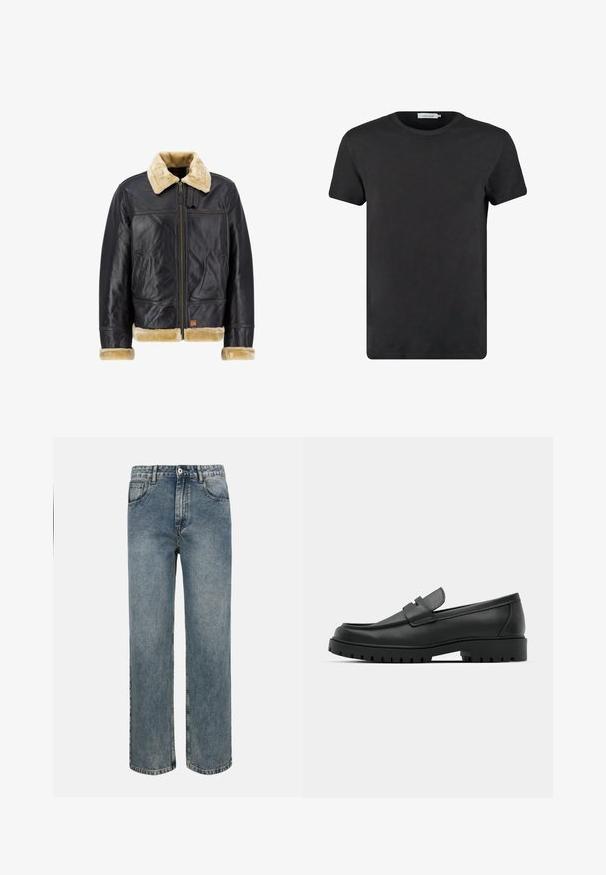 Schwarze Lederjacke mit einem Kragen und Manschetten aus cremefarbenem Kunstfell. Sie verfügt über einen Reißverschluss vorne und seitliche Taschen und zeigt ein klassisches Design.; Schwarzes Baumwoll-T-Shirt mit Rundhalsausschnitt und kurzen Ärmeln. Der Stoff hat eine glatte Textur und keine Muster oder Akzente. Normale Passform.; Blaue Jeans mit geradem Bein, hoher Taille, vorderer Knopf- und Reißverschluss, Gürtelschlaufen und klassischem Fünf-Taschen-Design.; Schwarze Lederloafer mit runder Zehenform, ausgestattet mit einem gesteppten Design, niedrigem Plattformsohle und einer strukturierten, genoppten Gummisohle.