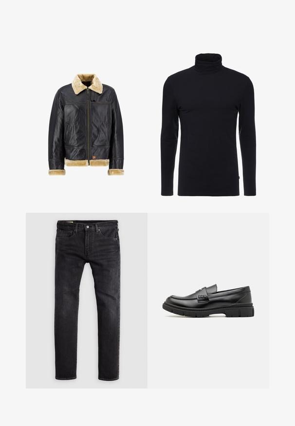 Zwarte leren jas met een crèmekleurige nepbont kraag en manchetten. Voorzien van een ritssluiting aan de voorkant en zijzakken, met een klassieke uitstraling.; Zwarte lange mouw turtleneck shirt gemaakt van zachte, rekbare stof. Heeft een aansluitend ontwerp en een gladde textuur. Geen zichtbare patronen of accenten.; Zwarte denim jeans met een rechte snit, voorzien van vijf zakken, een knoopsluiting en zichtbare stiksels langs de naden.; Zwarte leren instapper met een brede band over de voet, rubberen zool met dikke noppen en een gladde textuur. Klassiek, strak ontwerp.