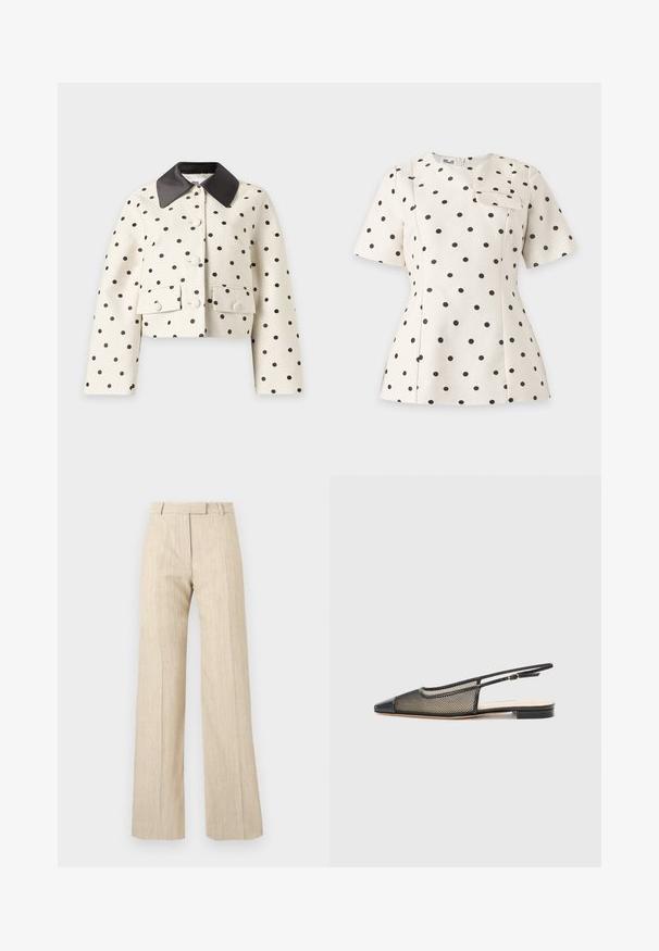 Veste courte blanche à pois noirs, grand col noir, boutons sur le devant et deux poches à rabat boutonnées sur fond uni.; Blouse blanche à manches courtes avec des pois noirs, col rond, coupe structurée et une petite poche à rabat sur la poitrine.; Pantalon beige taille haute à jambes larges avec passants de ceinture et plis devant, réalisé en tissu texturé.; Chaussure à talon ouvert noir et or avec un bout pointu, un design en maille et une semelle plate. Équipée d'une fine sangle au niveau de la cheville avec un accent de boucle circulaire.