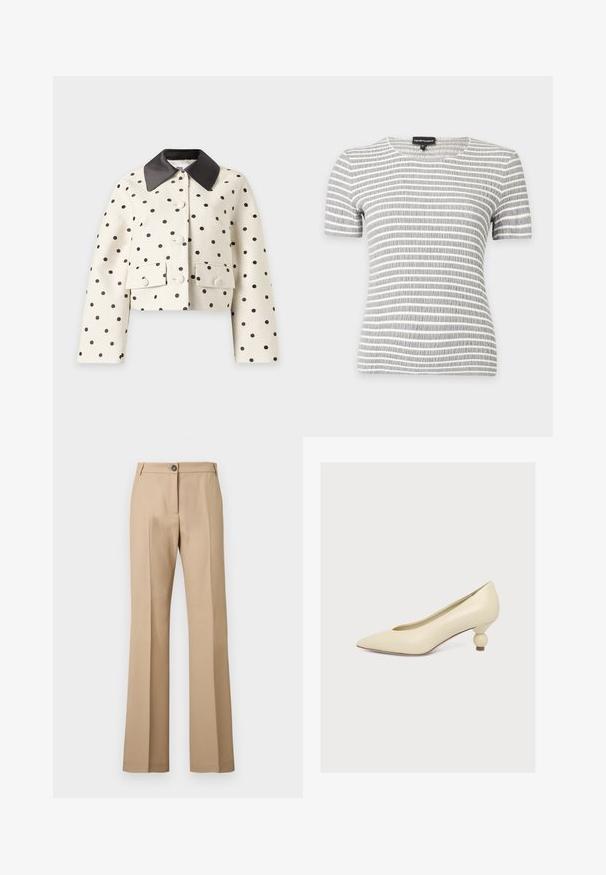 Veste courte blanche à pois noirs, grand col noir, boutons sur le devant et deux poches à rabat boutonnées sur fond uni.; Chemise à manches courtes rayée horizontale grise et blanche avec un col rond et un tissu texturé sur un fond uni.; Pantalon beige à jambe droite avec pli avant, fermeture par bouton et passants pour ceinture, présenté sur un fond uni.; Escarpin couleur crème à bout pointu avec un talon empilé court et rond et une finition mate lisse sur un fond uni clair.