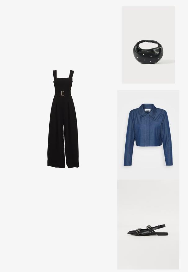 Kaprøjset denimjakke i mørkeblå med spids krave, lange ærmer, lomme foran og kontrasterende syninger.; Sort jumpsuit med vide ben, firkantet udskæring, justerbare stropper, talje med bælte og rektangulær spænde samt plisserede detaljer foran.; Even&Odd by Zalando Slingback-ballerinasko - black; Sort læderhåndtaske med en rundet form, dekoreret med sølvnitter, og et kort håndtag. Glat tekstur og lynlåslukning.