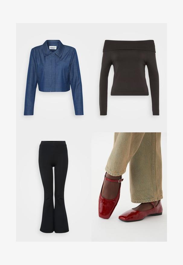 Kaprøjset denimjakke i mørkeblå med spids krave, lange ærmer, lomme foran og kontrasterende syninger.; Sort off-the-shoulder sweater med lange ærmer. Lavet af strækbart stof, med ribbet halsudskæring og en tætsiddende pasform.; Sorte flare leggings lavet af strækbart materiale. Har en høj talje og en glat overflade. Slutter med en flared kant.; Røde patentlæder sko med firkantet tå, lav hæl og ankelrem, parret med lysegrønne vide bukser. Glat tekstur, reflekterende overflade.