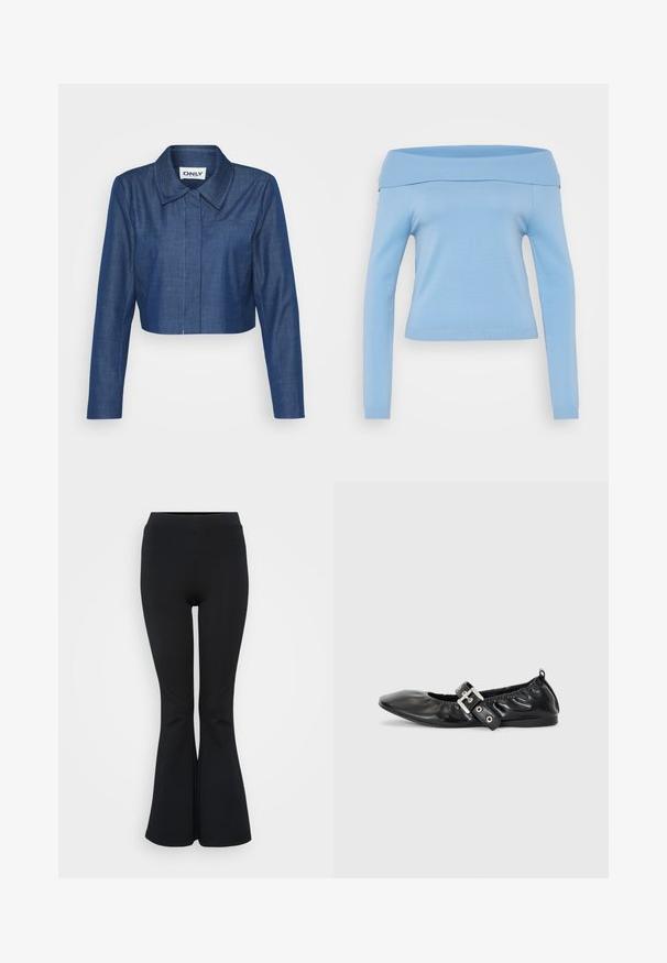 Kaprøjset denimjakke i mørkeblå med spids krave, lange ærmer, lomme foran og kontrasterende syninger.; Lyseblå, off-the-shoulder langærmet top med ribbet udskæring og manchetter, tætsiddende design og glat, let stof.; Sorte flare leggings lavet af strækbart materiale. Har en høj talje og en glat overflade. Slutter med en flared kant.; Sorte læder flade sko med spids tå, samling detaljer omkring åbningen, og en sølv spænde accent på den justerbare rem.