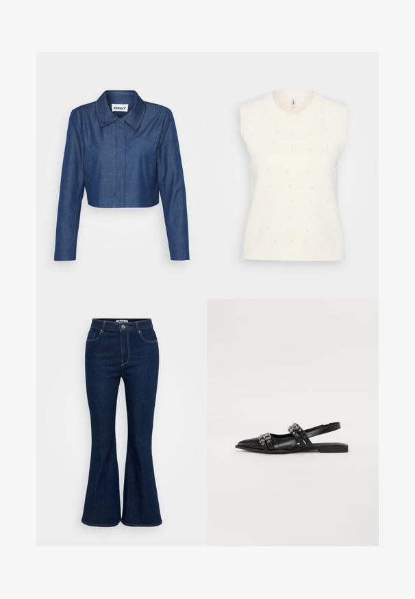 Kaprøjset denimjakke i mørkeblå med spids krave, lange ærmer, lomme foran og kontrasterende syninger.; Cremefarvet ærmeløs sweater med små spredte perleudsmykninger og ribbet halsudskæring og bund, sat mod en lys baggrund.; Mørkeblå, flagrende jeans lavet af denim, med høj talje, forfickter og metalknaplukning. Glat tekstur med ensartet syning.; Even&Odd Slingback-ballerinasko - black