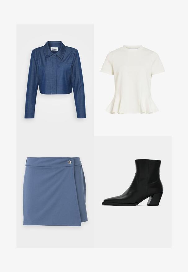 Kaprøjset denimjakke i mørkeblå med spids krave, lange ærmer, lomme foran og kontrasterende syninger.; Hvid kortærmet bluse med rund hals og udvidet peplumkant, glat stof og enkelt skræddersyet design.; Blå slå-om-nederdel med høj talje og sølvknaplukning på højre side, vist mod en hvid baggrund.; Sortlæder ankelstøvle med spids tå, en slank silhuet og en kraftig firkantet hæl. Glat tekstur med minimale stikninger.