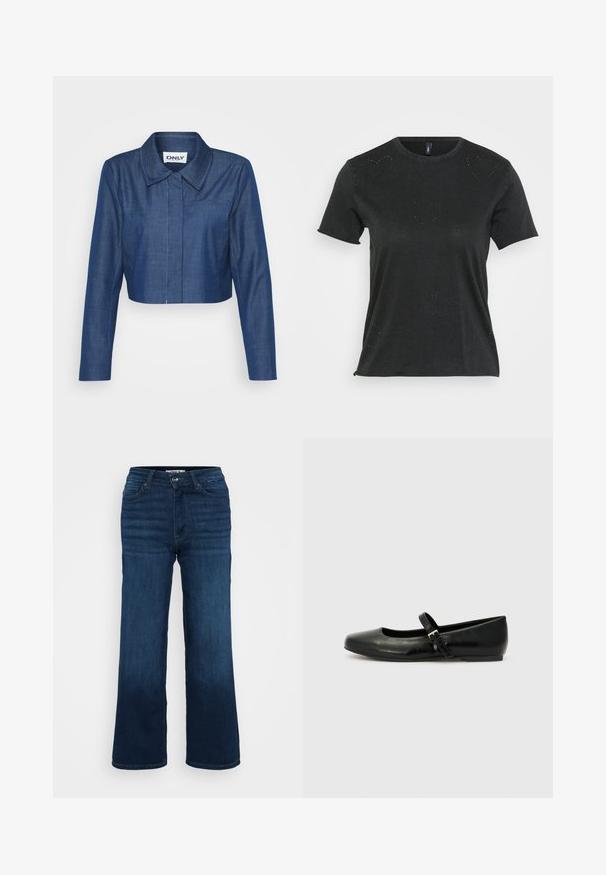 Kaprøjset denimjakke i mørkeblå med spids krave, lange ærmer, lomme foran og kontrasterende syninger.; Sort kortærmet T-shirt med rund halsudskæring, der har diskrete hjerteformede rhinstenapplikationer på forsiden. Blødt, afslappet stof.; ONLY Petite ONLMADISON BLUSH WIDE - Wide leg - dark blue denim; Sorte læder balletflade med rund tå, flad sål og en tynd justerbar rem over svangen med en metalspænde.