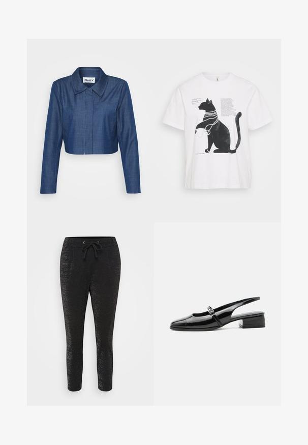 Kaprøjset denimjakke i mørkeblå med spids krave, lange ærmer, lomme foran og kontrasterende syninger.; Hvid T-shirt med en sort kat grafik iført perlekæder og overlejret tekst i forskellige skrifttyper. Kortærmet og med rund halsudskæring.; Sorte bukser med en skinnende tekstur, der har en snøre i taljen, to frontlommer og indsnørede ben for et tætsiddende udseende.; Sort laklæderslingback-sko med lav blokhæl og tynd rem med sølvspænde over toppen.