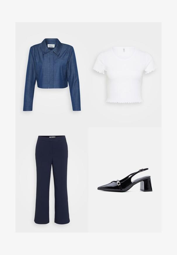 Kaprøjset denimjakke i mørkeblå med spids krave, lange ærmer, lomme foran og kontrasterende syninger.; Hvid ribbet crop top med korte ærmer, der har en rund halsudskæring og bølgede kanter på ærmerne og kanten. Glat tekstur.; Mørkeblå flagrende bukser med en glat stofoverflade, udstyret med en flad talje og uden synlige sømme eller dekorationer.; Sort laklæder slingback-hæl med spids tå, lav blokhæl og to små sølvspænder på stropperne.