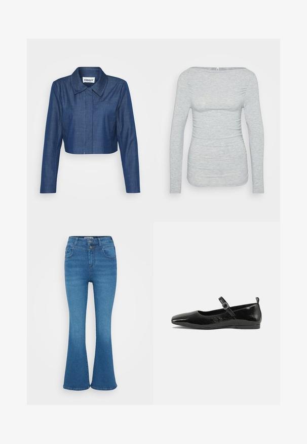 Tumedat sinised denimpusa, millel on terav krae, pikad varrukad, esitasku ja kontrastse õmblemise detailid.; Heled hall pikem varrukatega särk, mis on valmistatud pehmest, tekstureeritud kangast. Omab paadi kaela ning kogutud külgdetailid annavad vormitud silueti.; Sinine denim flared teksapüks, millel on kõrge vöökoht, kahekohaline kinnitamine ja kerge kulumine. Klassikaline viie tasku disain, sile tekstuur.; Mustmust musta nahk king, millel on terav nina, pahkluu rihm koos pandlaga ja sile, läikiv tekstuur. Madal konts mugavuse tagamiseks.