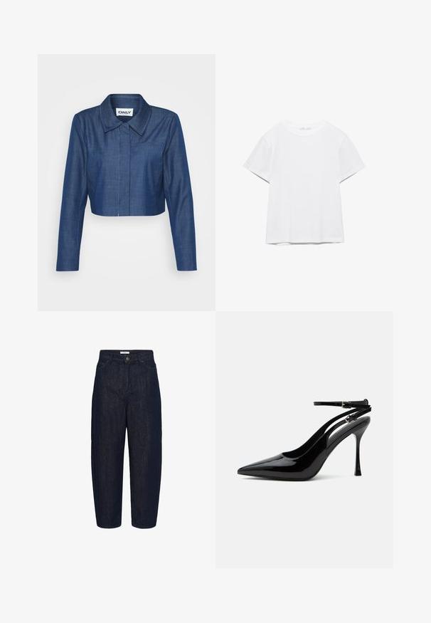 Kaprøjset denimjakke i mørkeblå med spids krave, lange ærmer, lomme foran og kontrasterende syninger.; Hvid, kortærmet T-shirt med rund hals og lige kant, vist på en hvid baggrund.; Mørkeblå denimbukser med løs pasform, høj talje og fem-lomme design. Har en knaplukning og en subtil struktureret stof.; Sort laklæder sandaletter med høje hæle, spids tå og dobbelte ankelstropper med sølvspænder.