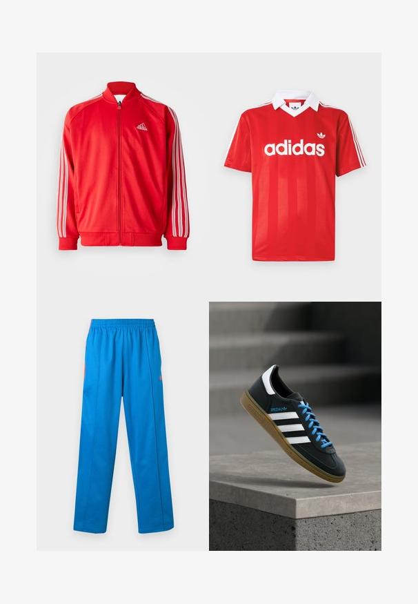 Rød atletisk jakke med høj krave, front lynlås, hvid tre-stribe detaljer på ærmerne samt ribbestrikkede manchetter og bund. Logo på brystet.; Rød Adidas sportstrøje med hvid krave, tre hvide striber på ærmerne og Adidas-logo centreret på brystet.; Blå atletikbukser med elastisk linning, der har orange sidestriber og en glat stoftekstur, lige ben-design og ingen lommer.; Sort Adidas sneaker med hvide striber, blå snørebånd og gummisål, der svæver over gråt betontrin i blødt lys.