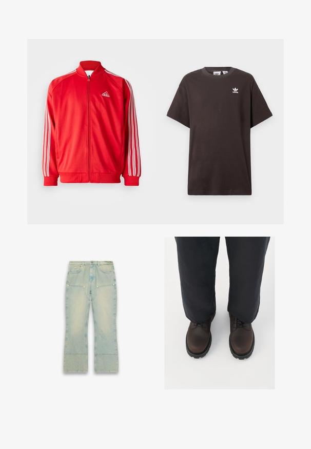 Rød atletisk jakke med høj krave, front lynlås, hvid tre-stribe detaljer på ærmerne samt ribbestrikkede manchetter og bund. Logo på brystet.; Mørkebrun bomulds t-shirt med korte ærmer, rund hals og hvid Adidas-logo på venstre bryst. Enkel, afslappet pasform.; Lyseblå falmede denimjeans med vide ben, store frontlommer og standard bæltestropper på en hvid baggrund.; Brune læder snørebåndssko med rund tå, sort gummisål og tekstureret detaljer, parret med løstsiddende mørke bukser.
