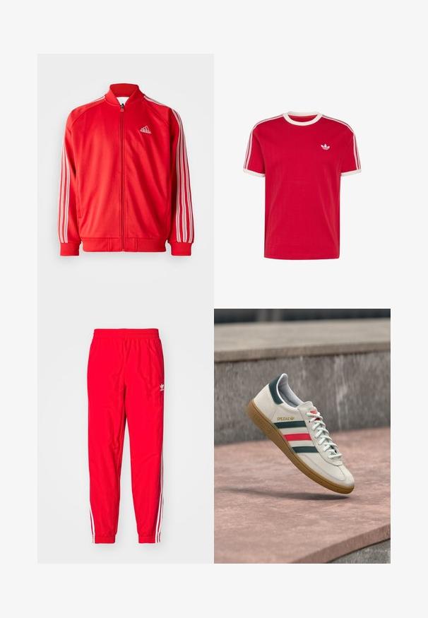 Rød atletisk jakke med høj krave, front lynlås, hvid tre-stribe detaljer på ærmerne samt ribbestrikkede manchetter og bund. Logo på brystet.; Rød kortærmet Adidas T-shirt med hvid rund krave og ærmekanter, hvide tre striber på skuldrene, lille trebladet logo på venstre bryst.; Røde sportstræningsbukser med elastisk talje, hvide stribede detaljer langs siderne og et lille hvidt logo på venstre lår.; Hvid Adidas sneaker med grønne og røde striber, gummisål og "SPEZIAL" branding, der svæver over stensat belægning.
