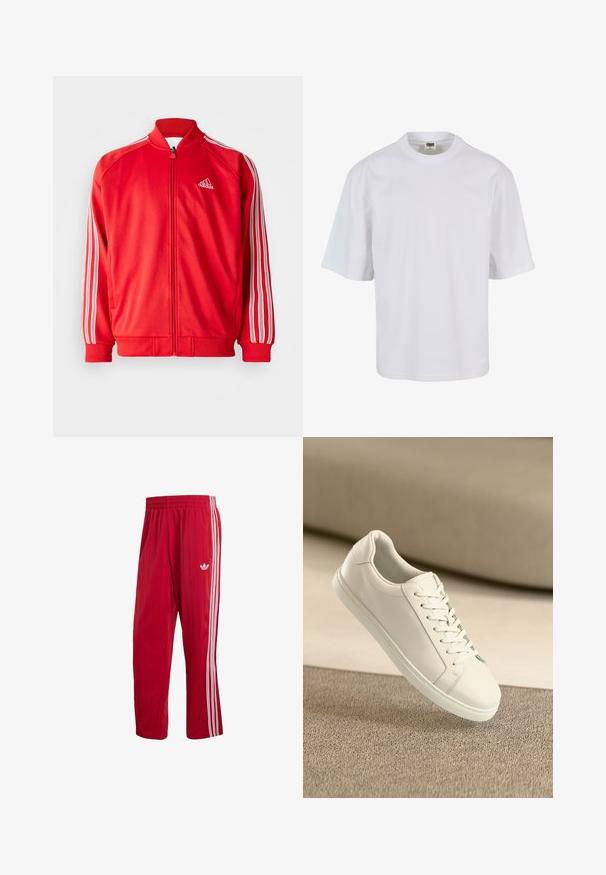 Rød atletisk jakke med høj krave, front lynlås, hvid tre-stribe detaljer på ærmerne samt ribbestrikkede manchetter og bund. Logo på brystet.; Hvid, kortærmet t-shirt lavet af bomuld. Har rund halsudskæring og løs pasform med en glat tekstur og ingen synlige mønstre eller grafik.; Røde Adidas træningsbukser med elastisk talje, hvide sidelister og Trefoil-logo på højre lår mod hvid baggrund.; Hvide lædersneakers med hvide snørebånd, præsenteret på en beige tekstureret overflade og med en blødt uskarp baggrund.