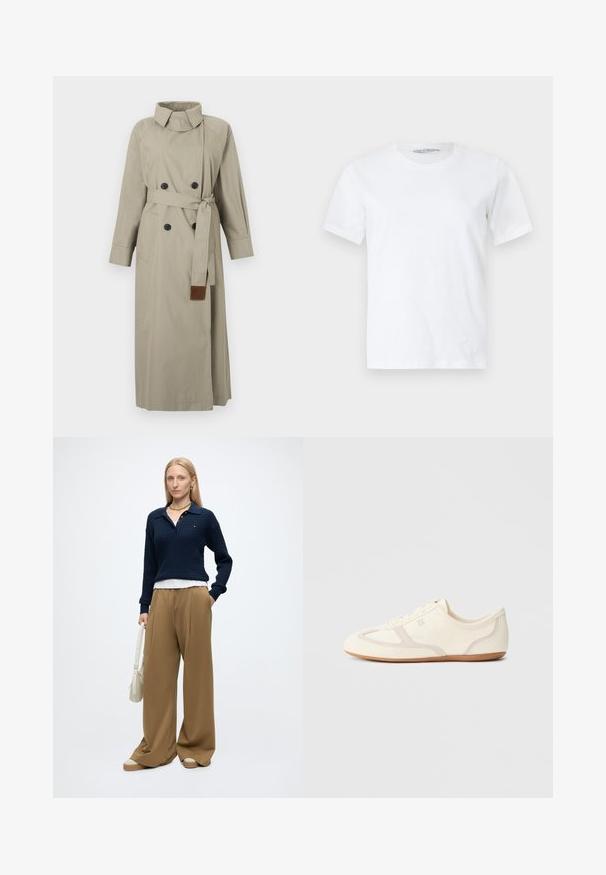 Trench-coat long beige avec boutons noirs double boutonnage, taille ceinturée avec embout en cuir, poches latérales et col montant.; T-shirt blanc uni à manches courtes et col rond, posé à plat sur un fond clair, vue de face avec une petite étiquette de marque visible à l'intérieur du col.; Femme aux cheveux blonds raides portant un pull bleu marine, un pantalon large beige, des chaussures beiges, des bijoux en or, et tenant un sac à main blanc avec une main dans la poche.; Baskets couleur crème avec une tige en daim et tissu, un bout arrondi, et une semelle en caoutchouc avec un détail accent beige. Fermeture à lacets.