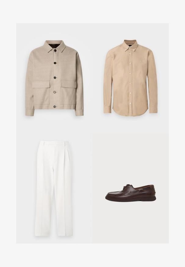Veste en laine beige clair avec un col, quatre poches avant et des boutons foncés. Présente une coupe structurée et décontractée ainsi qu'une texture lisse.; Chemise beige à manches longues avec boutons sur le devant, col boutonné et petit logo brodé sur le côté gauche de la poitrine.; Pantalon blanc sur mesure avec une coupe droite, présentant des plis, un devant plat et une texture de tissu lisse. Aucune poche ni accent visible.; Chaussure bateau en cuir marron foncé avec œillets pour lacets, couture moc toe et semelle plate en caoutchouc sur un fond clair uni.