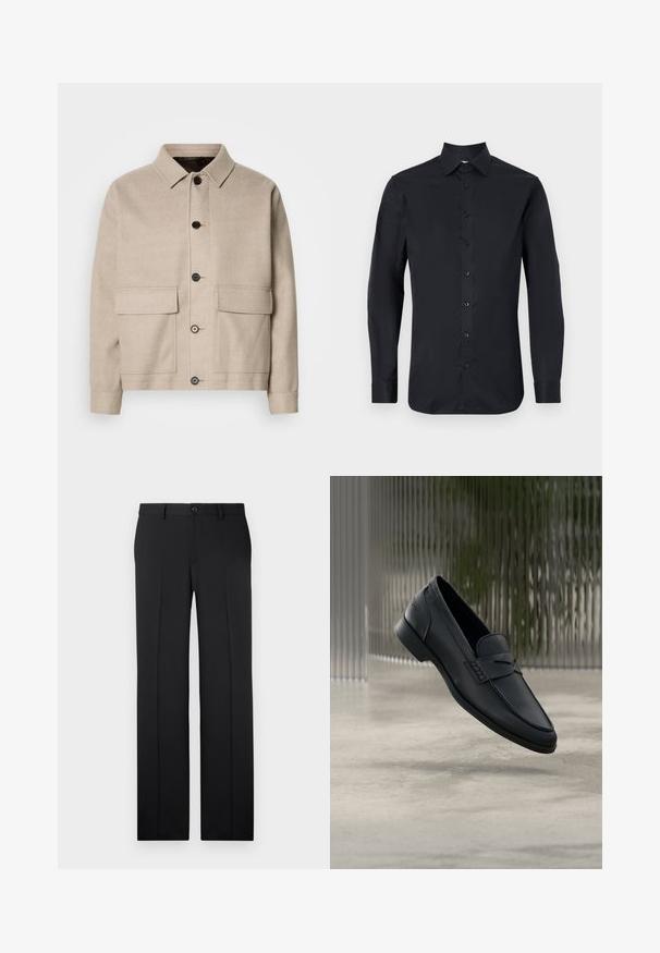 Veste en laine beige clair avec un col, quatre poches avant et des boutons foncés. Présente une coupe structurée et décontractée ainsi qu'une texture lisse.; Chemise noire à manches longues en tissu lisse, avec un col classique, une fermeture à boutons à l'avant et des poignets à boutons.; Pantalons noirs ajustés avec une coupe droite, en tissu lisse, avec des plis avant et une fermeture à bouton unique à la taille.; Mocassin en cuir noir à finition lisse, bout pointu et détails cousus sur le dessus. Talon bas et design minimaliste.