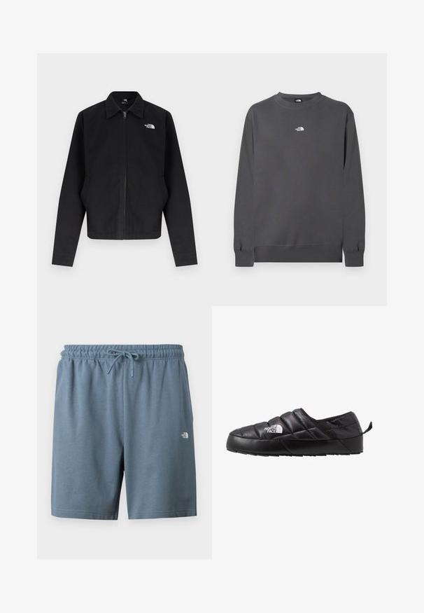 Veste noire à fermeture éclair avec col, manches longues, poches latérales, et logo blanc "The North Face" sur la poitrine gauche.; Sweat-shirt gris en tissu mélangé coton, doté d'un col rond, de manches longues, de poignets côtelés et d'un petit logo blanc sur la poitrine.; Shorts à taille élastique bleue avec cordon de serrage et petit logo blanc The North Face sur la cuisse gauche.; Chaussure noire à enfiler avec un design matelassé, fabriquée en matériau rembourré. Elle présente une semelle en caoutchouc texturée et une petite languette à l'arrière.