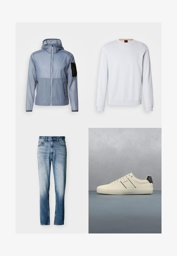 Lyseblå, letvægtsjakke med fuld lynlås, justerbar hætte og sort lomme på venstre ærme. Glat tekstur og minimalistik design.; Hvid sweatshirt med lange ærmer, rund halsudskæring og diskret logo-patch. Glat tekstur og ribbede manchetter og kant for et tætsiddende look.; Blå falmede jeans med lige ben, fem lommer, knaplukning og bæltestropper, vist fladt på hvid baggrund.; Cremefarvede sneakers med en glat tekstur, der har sorte accenter og branding. Klassisk snørebåndsdesign med rund tå og gummisål.