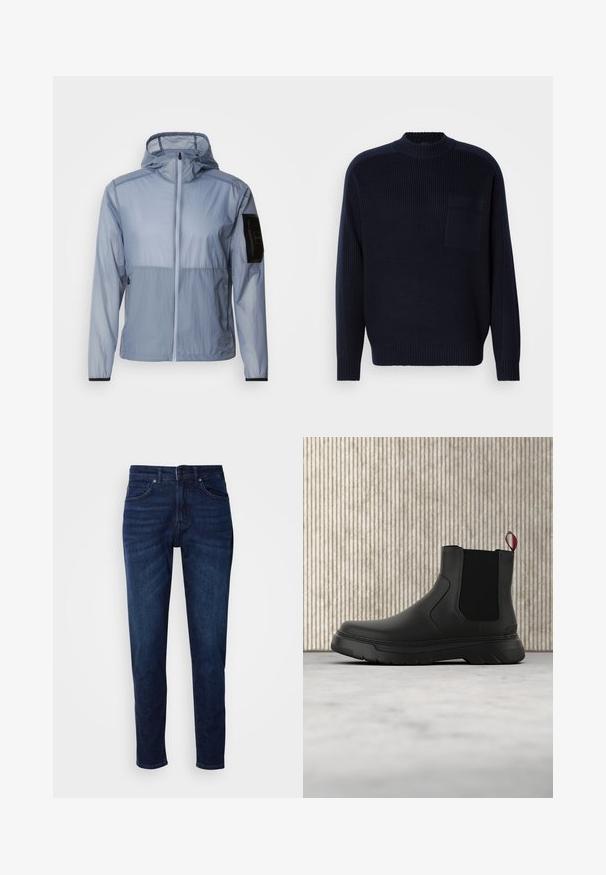 Veste légère bleu clair, avec une fermeture éclair complète, une capuche ajustable et une poche noire sur la manche gauche. Texture lisse et design minimal.; Pull en tricot bleu marine avec un col rond, des manches longues, une texture côtelée et une poche sur la poitrine. Tissu doux avec une coupe décontractée.; Jean en denim bleu foncé avec une coupe droite, comportant des poches et une fermeture à bouton à la taille. Texture douce, détails de décoloration minimes.; Bottines noires avec une finition lisse, des panneaux latéraux élastiques et une languette rouge contrastante, présentant une semelle en caoutchouc épaisse et un bout arrondi.